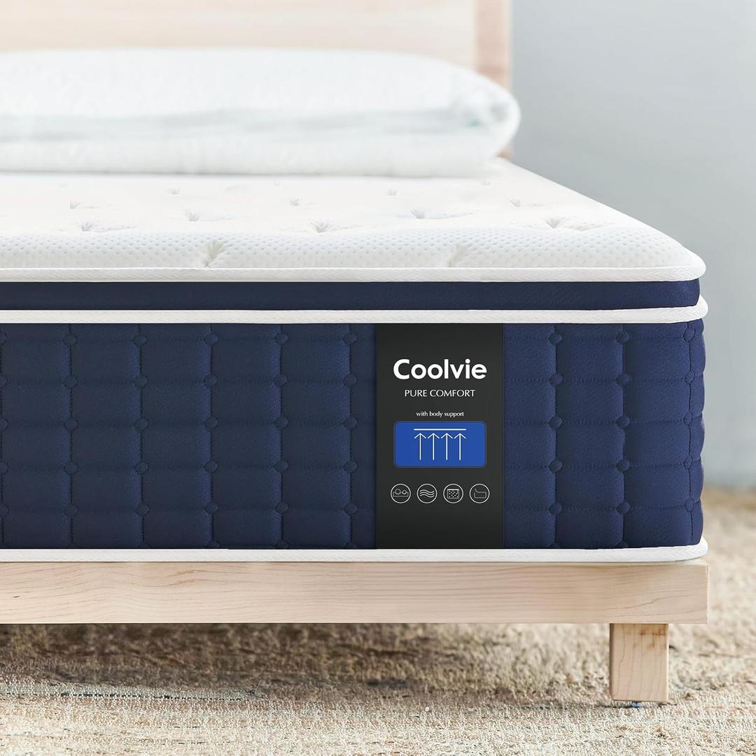 Coolvie Twin XL Mattress 14 Inch, Gel Memory Foam Bed in a Box, Adaptive Support Breathable Hybrid Mattresses with CertiPUR-US Certified, Double Coesoling Individually Coil & Medium Plush Support (Bluewhite)