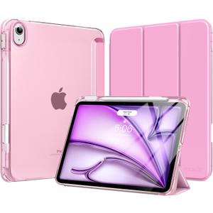 MoKo for iPad Air 11 inch Case M3/M2 2025/2024, iPad Air 5th/4th Gen 10.9 inch Case 2022/2020 with Pencil Holder, Slim Lightweight Trifold Cover with Hard PC Translucent Back Shell, Pink