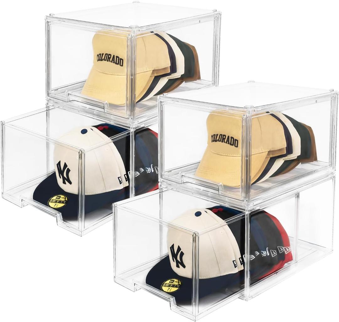 Hat Organizers, Stackable Clear Baseball Caps Holder Box Containers With Drawers for Hats Snapback Cap Storage, Hat Rack Display Case -Clear (4 Pack)