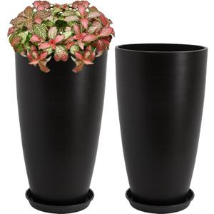 Set of 2 Tall Planter, 21 inch Large Plastic Planter with Drain Hole & Saucers, Large Outdoor Planters for Porch, Garden, Patio, Balcony,(Brown)