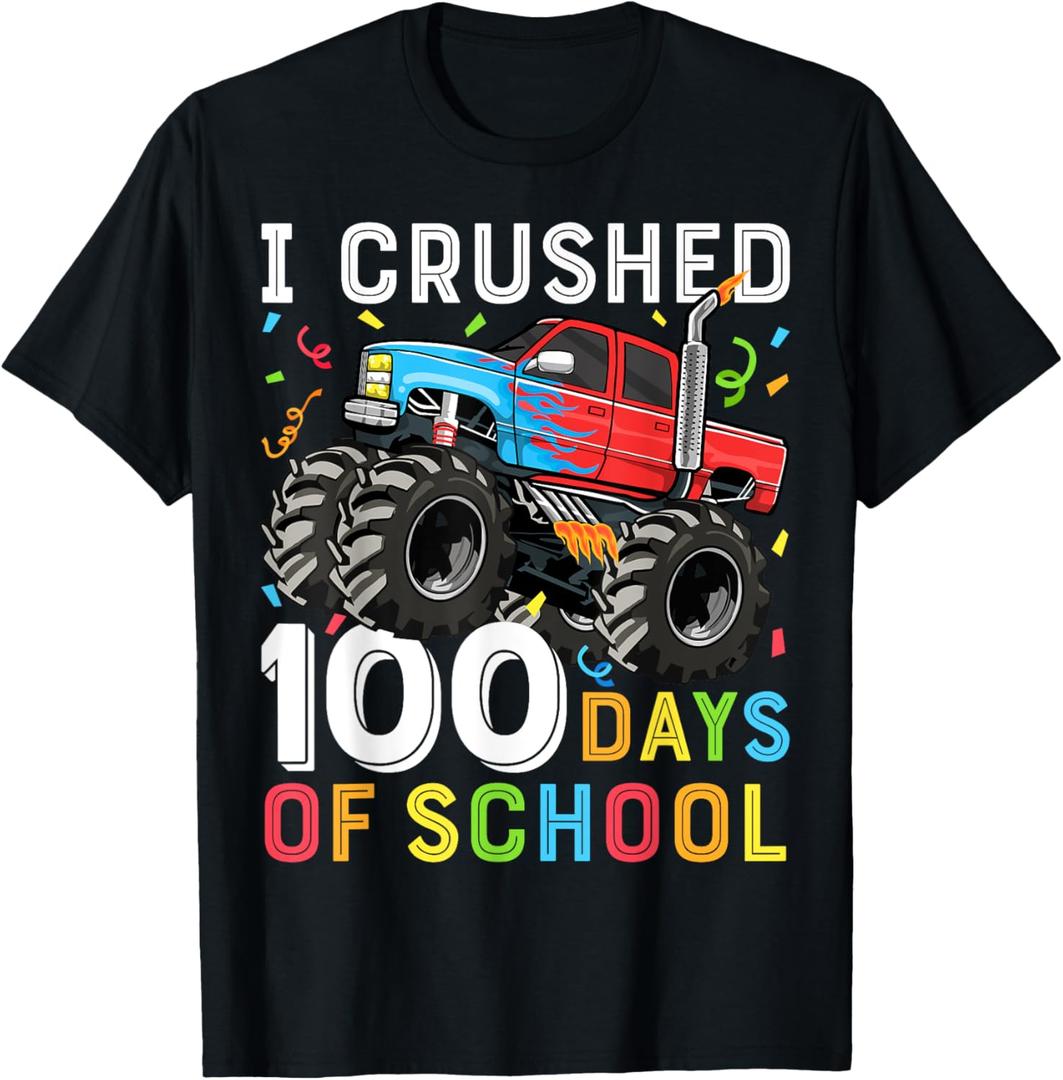 100 Days of School Monster Truck 100th Day of School Boys T-Shirt (Small, Black)