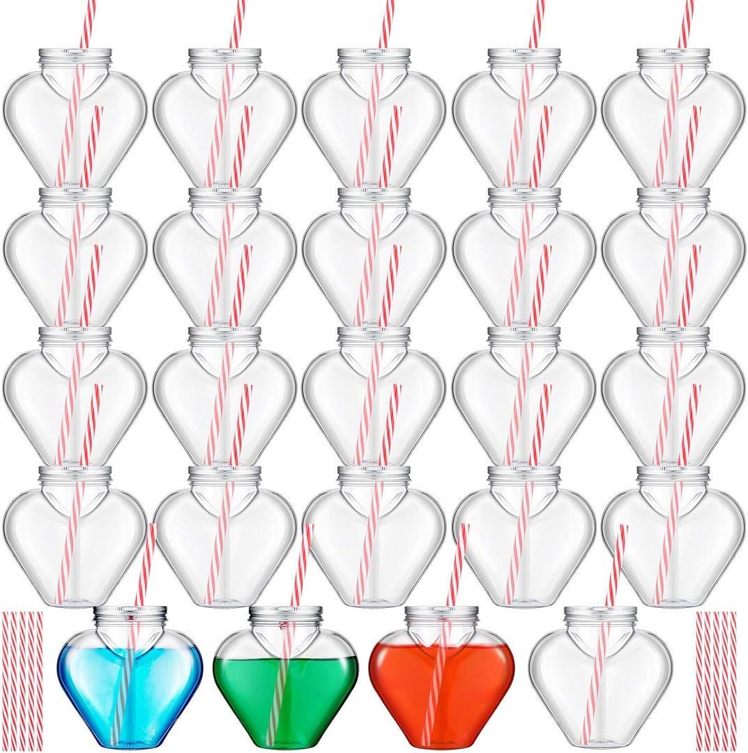 10 oz Valentine's Day Heart Shaped Cups with Lids and Straws Plastic Heart Drink Bottle Clear Plastic Tumblers Clear Drinking Cocktail Cups for Valentine's Day Birthday Party (24 Pcs)