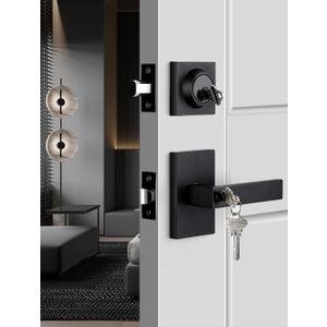 goldenwarm Black Door Handle with Deadbolt, Square Contemporary Matte Black Exterior Door Lock Set with Deadbolt, Heavy Duty Zinc-alloyed Front Entry Door Locksets with Deadbolt(1 Pack) (Rectangular)