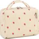 Bluboon Makeup Bag Zipper Pouch Travel Toiletry Bag Portable Cosmetic Bag Organizer for Women and Girls(Strawberry Corduroy Beige)