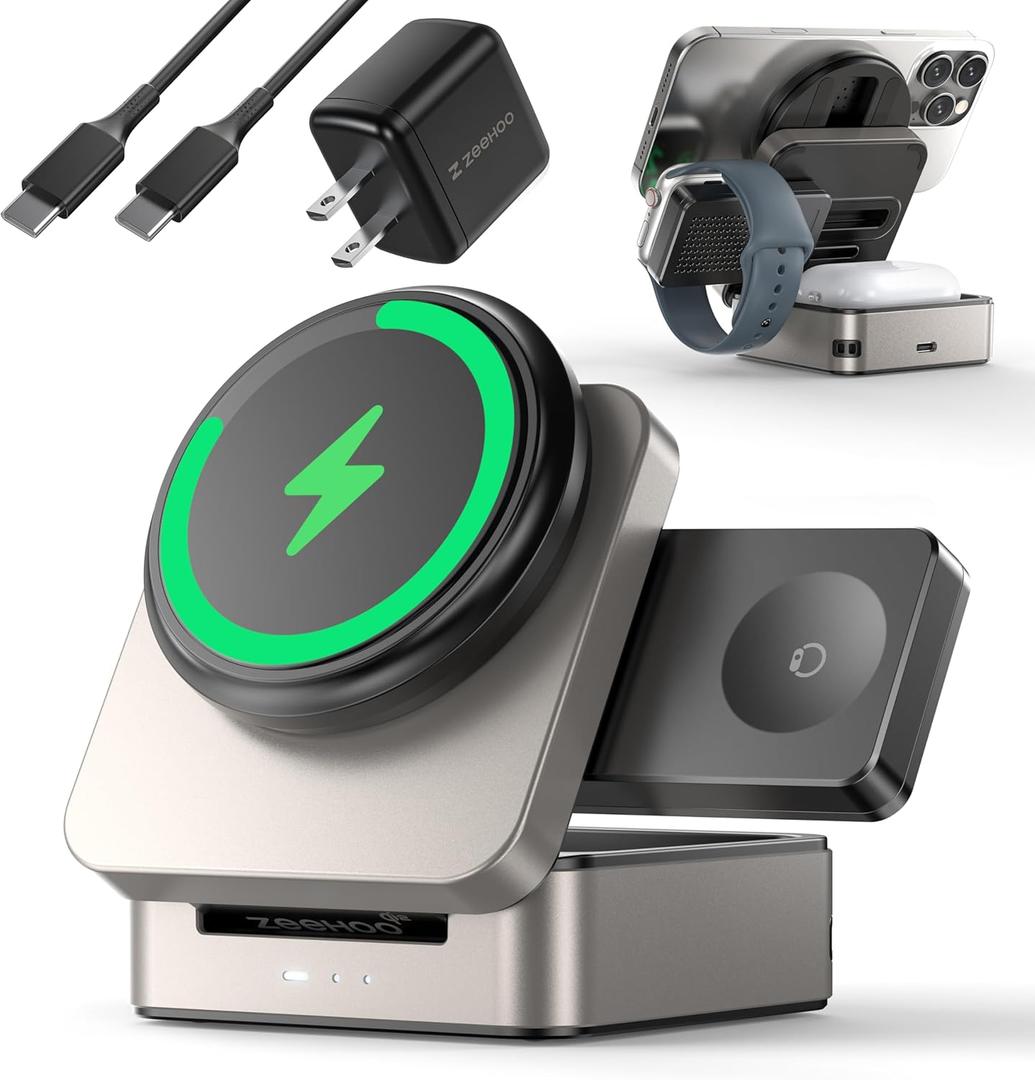 ZEEHOO 3-in-1 Foldable Magnetic Wireless Charging Station, Qi2 Certified 15W Travel Charger Stand Dock Wireless Charger for iPhone 17/16/15/14/13/12 Series, Apple Watch, AirPods (30W Adapter Included) (Gold)