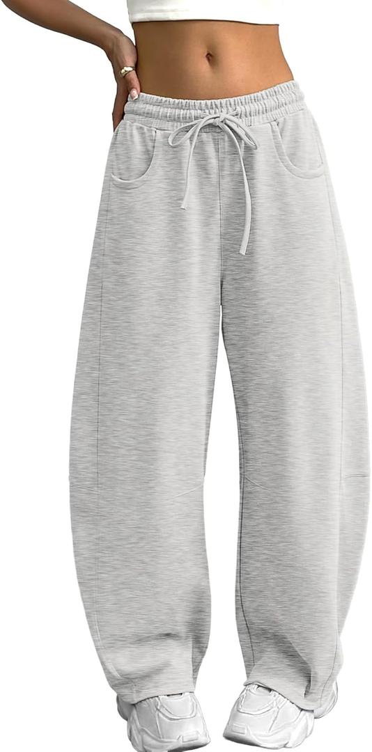 ELLEVEN Women's Cotton Barrel Leg Sweatpants with Elastic Waist, Drawstring, and Pockets  Casual Baggy Joggers (L)