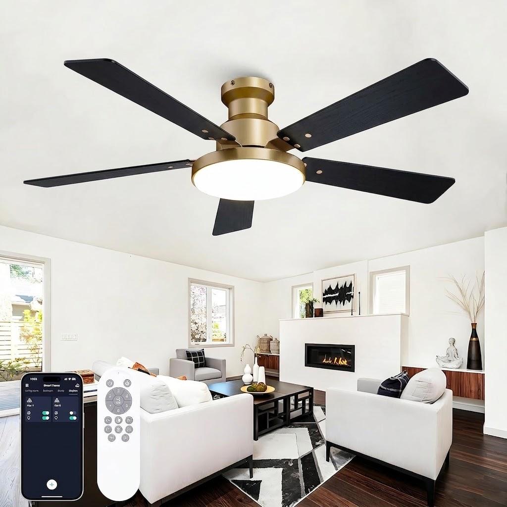 52 Inch Low Profile Gold Ceiling Fan with Lights, Modern Black and Gold Ceiling Fans with Remote/APP for Indoor Bedroom, Flush Mount, 12.2'' Large 3CCT LED Light Panel, 6-Speed Quiet DC Motor