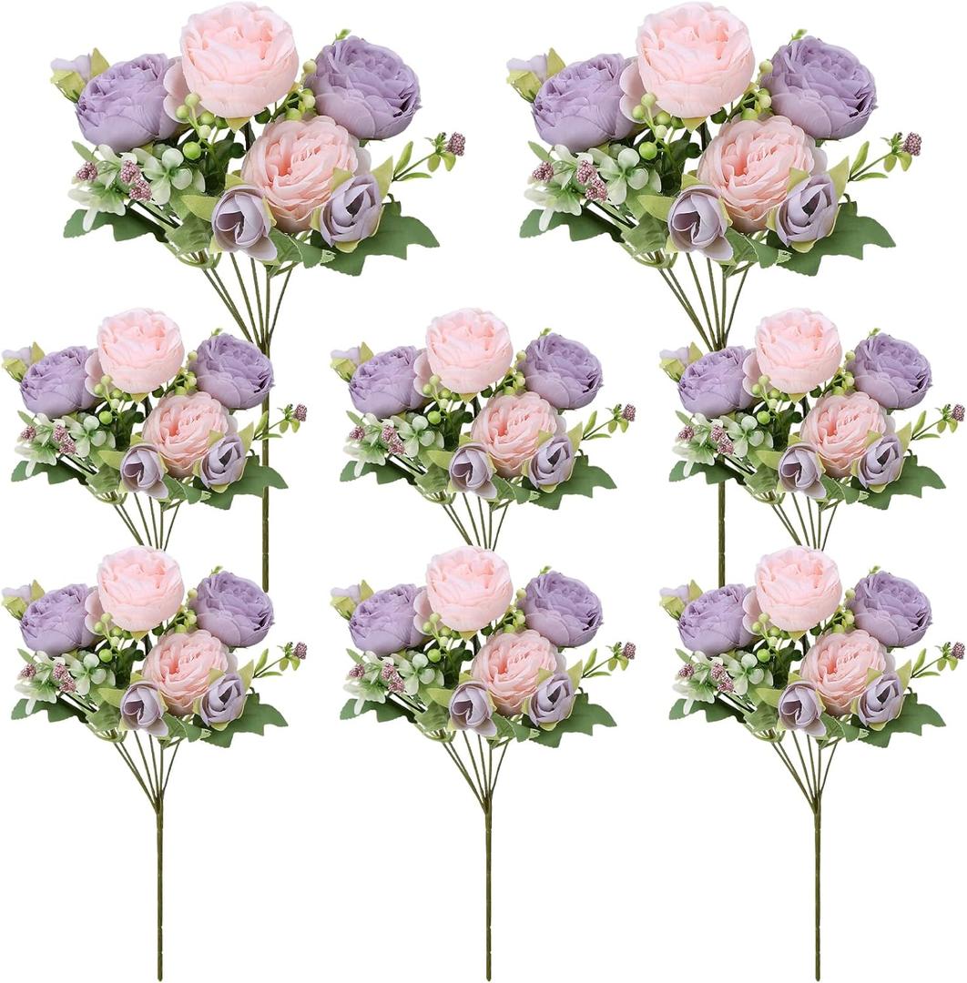 8 Pack Pink, Purple Peonies Artificial Flowers, Fake Silk Hydrangea Bouquet for Bridal Wedding Home Table Decor Reusable Dining Opening Ceremony Birthday Arrangement Faux Floral