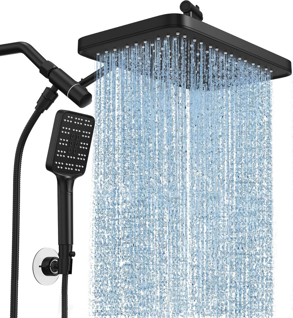 High Pressure Rain Shower Head with Handheld Spray Combo Set, Adjustable 12" Rainfall Dual Shower Head, Double & Tandem Shower Head, Waterfall Showerhead Bathroom - Matte Black