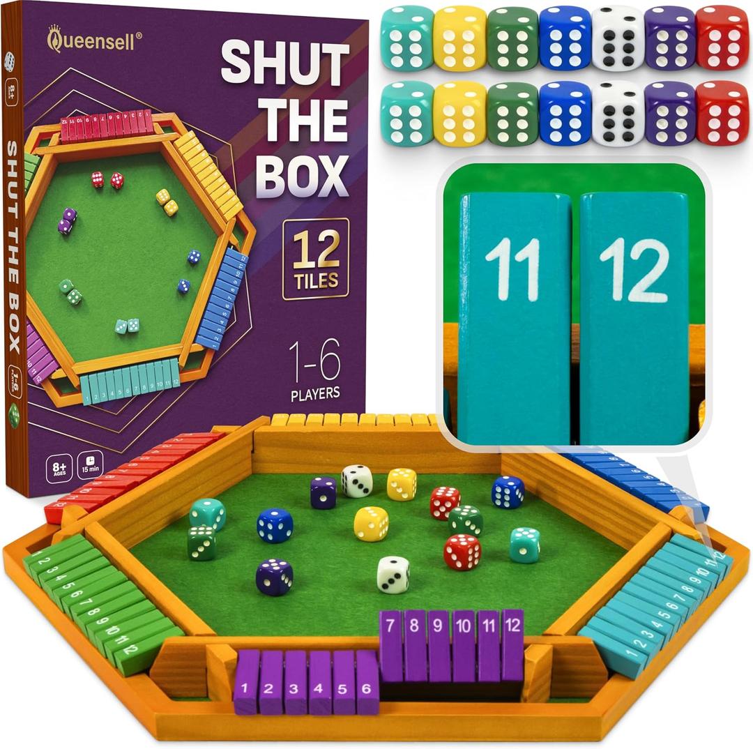 Color Shut The Box Game Wooden Board for 16 Players 16-Inch Large 12 Numbers Dice Board Game for Adults & Kids Ideal for Family Game Night