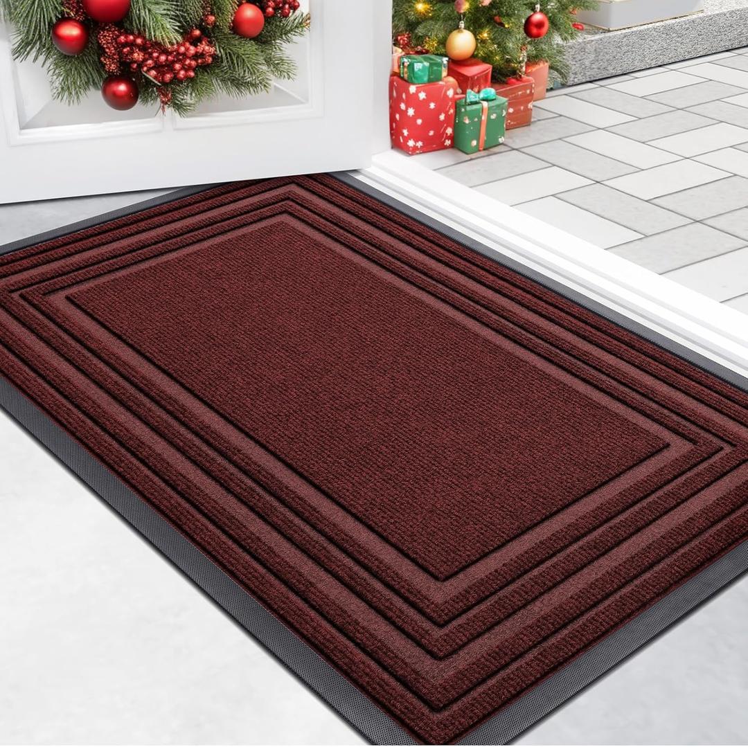 Buganda Front Door Mat Indoor Outdoor Entrance, Non-Slip Natural Rubber Doormats, Easy Clean, Low Profile, Dirt Trapper Entryway Floor Mats for Outside, Garages and Patios, 29.5x17,  Red