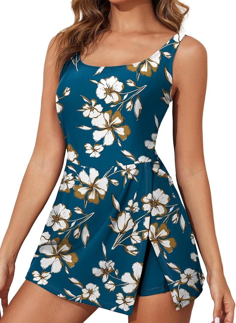 Aleumdr One Piece Swimdress Swimsuit for Women Tummy Control Split Swim Dress Skirt Bathing Suit with Pockets, Large