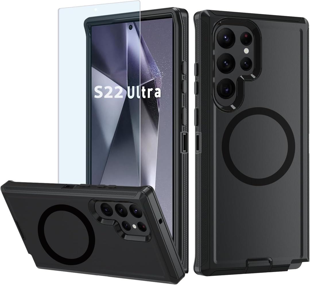 Magnetic Case for Galaxy S22 Ultra 5G case,Samsung S22 Ultra Heavy Duty case,[Military Grade Protective ],[Shockproof] [Dropproof] [Dust-Proof], (Black-MAG)