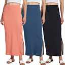 Real Essentials 3 Pack: Women's Ribbed High Waisted Maxi Skirt with Side Slit - Casual Long Pencil Skirt, Size: M 