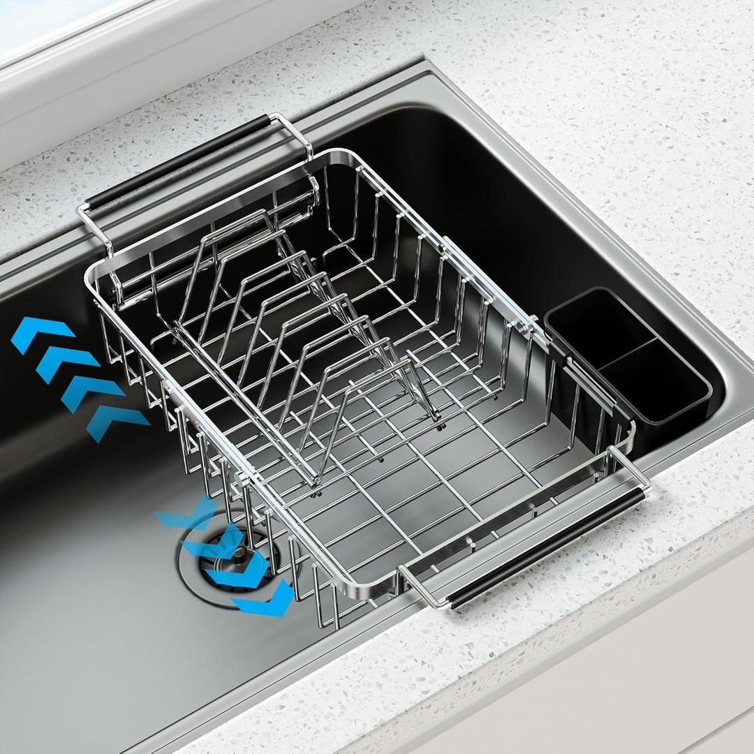 Expandable Over The Sink Dish Drying Rack, Anti-Rust Stainless Steel in Sink Dish Drainer with Cutlery Holder, Counter Space Saving Sturdy Sink Drying Rack for Many Kitchen Drain Task