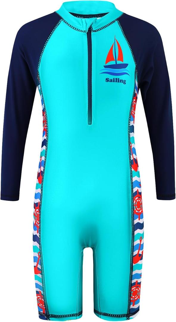 TFJH E Boys Long Sleeve Swimsuits Rash Guard Swimwear 50+ UV Zip One-Piece, 152/158, Blue Ship  