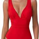 QINSEN Womens Sexy V Neck One Piece Bathing Suit Cross Back Swimsuit High Waist Monokini (Medium, Red)