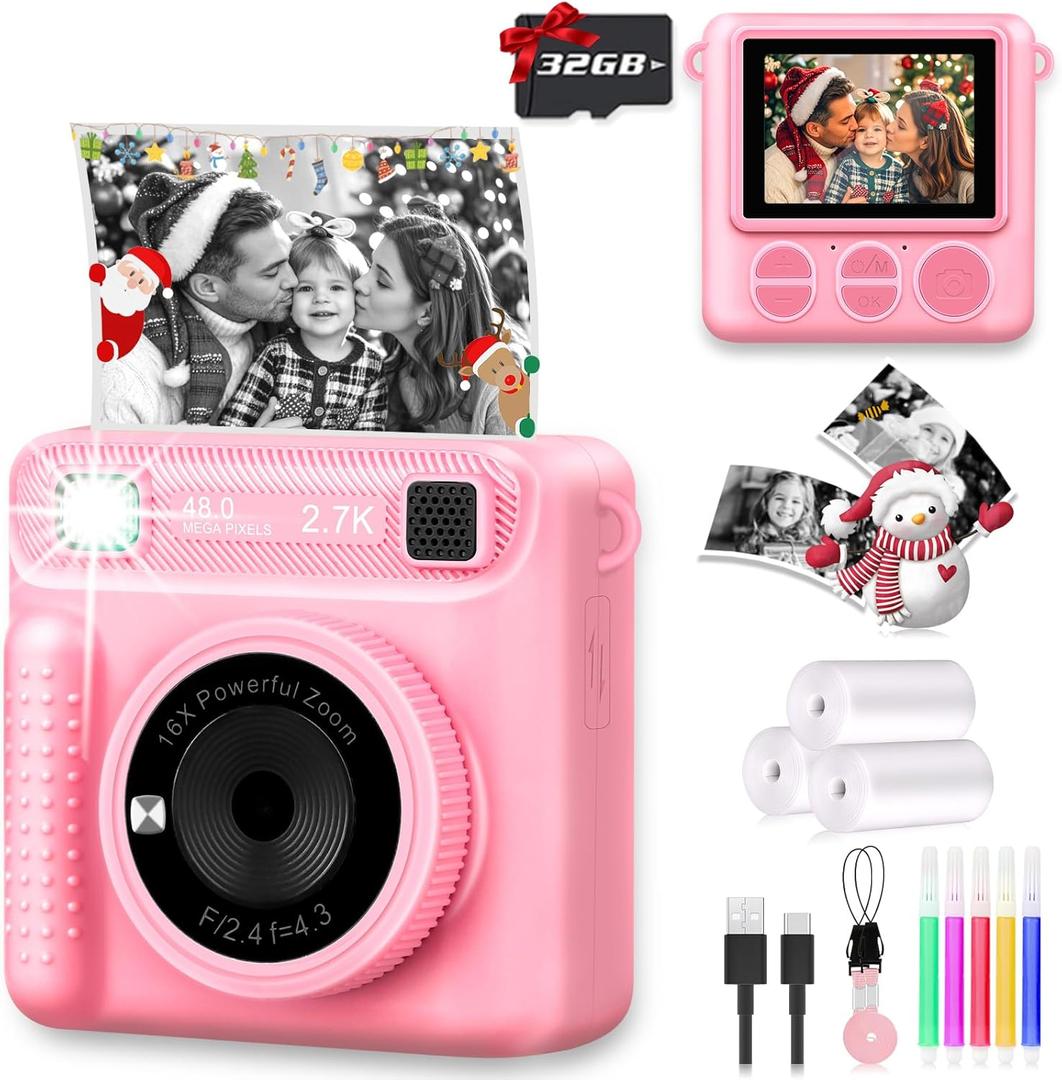 Camera for Kids Instant Print,Portable Camera with 32G Card & 1080p Video,Print Paper,Instant Print Camera with Color Pens for DIY,Over 3 Years Old for Boys Girls for Teen Girls (Pink)