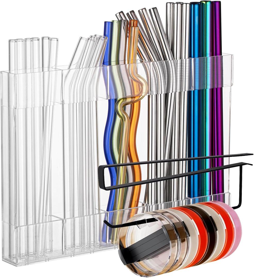 Kitchen Cabinet Straw Holder: Acrylic Organizer and Hanging Lid Rack with Adhesive for Door  Cup Tumbler Accessories Storage Set