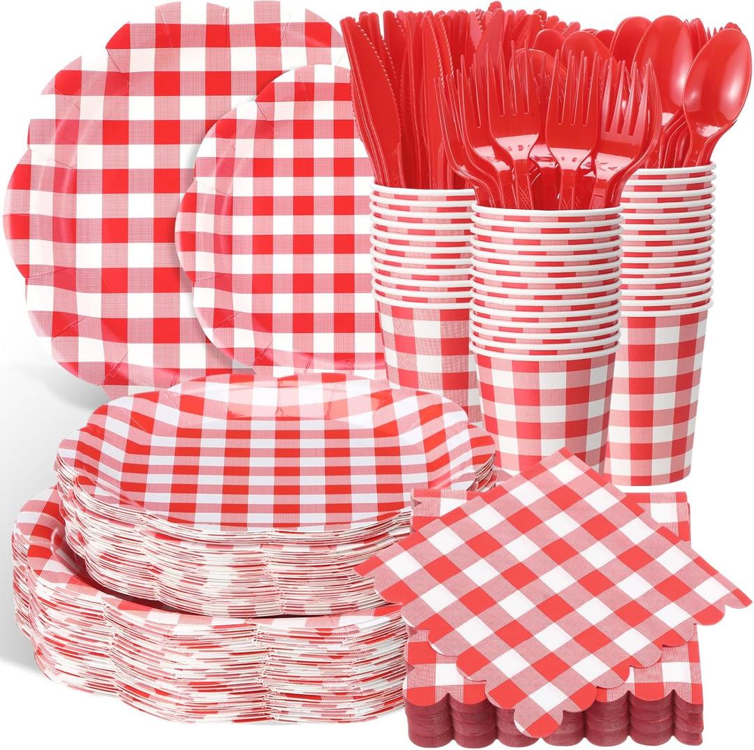 400 Pcs Gingham Party Supplies for 50 Guests Red and White Paper Plates and Napkins Knives Spoon Fork Cup Disposable Checkered Dinner Party Set Cutlery for Baby Shower Wedding Favor