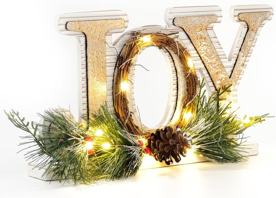 DN DECONATION Rustic Wooden Tabletop Christmas Joy Sign Decoration Indoor-Lighted White and Gold Xmas Joy Decorated with Pine Branch, Cone & Red Berries for Table Fireplace Mantel Home Decor