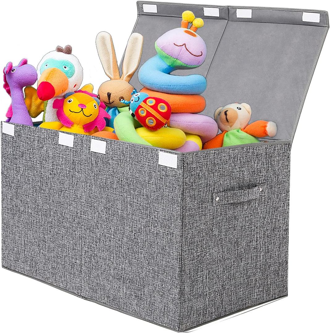 popoly Large Toy Box Storage with Lid, Collapsible Sturdy Toy Chest Storage Bin Box with Rivets Handles for Kids, Boys, Girls, Nursery, Playroom, Living Room, Bedroom, 25"x 13" x 16" (Linen Gray)