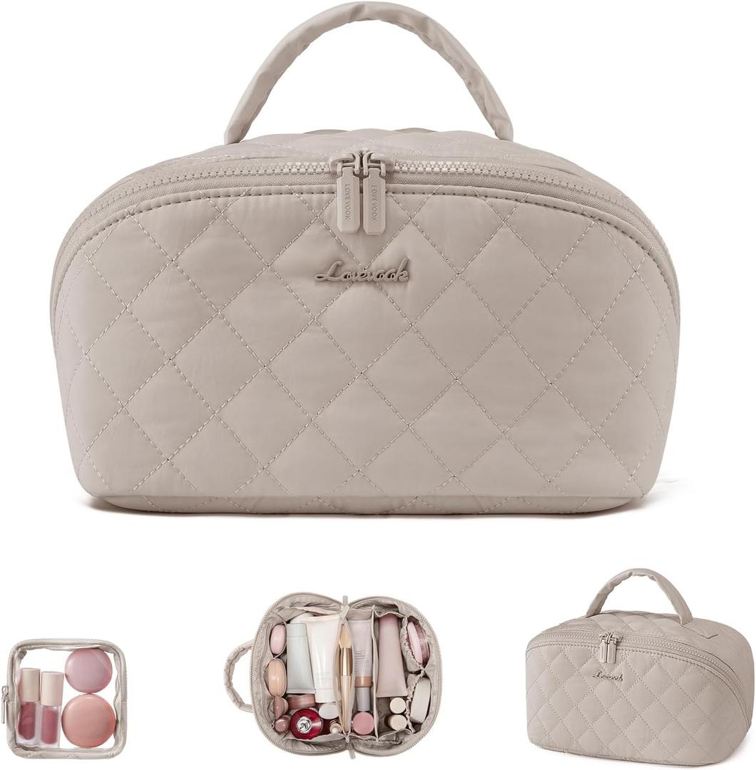 LOVEVOOK Travel Makeup Bag for Women, 2Pcs Puffer Waterproof Cosmetic Organizer, Large Capacity Pouch Open Flat Small Toiletry Bag with Brush Compartment & Handle (Light khaki, Medium)