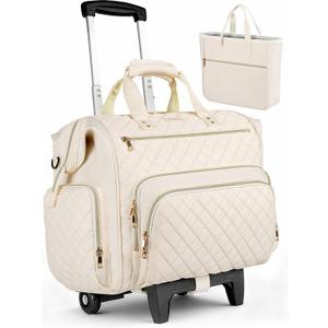 Rolling Teacher Bag, 16 Inch Rolling Laptop Bag with Detachable Dolly & Teacher File Tote, Large Roller Briefcase for Teaching Office Work, Women, Craft Nurse,Beige