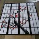Roundhill Furniture Black Japanese 4-Panel Screen Room Divider, Plum Blossom