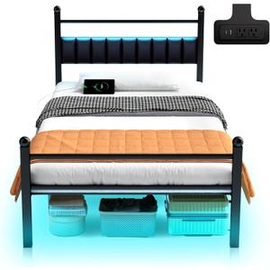 Twin Bed Frames with LED Lights & Charging Station - Metal Platform Bed Frame with Under Bed Storage - Heavy Duty Steel Slats/Upholstered Headboard/Noise-Free/No Box Spring Needed/Easy Assembly/Black