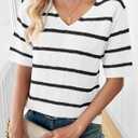 Saodimallsu Womens Summer Short Sleeve Sweater Tops Striped V Neck T Shirts Casual Loose Fit 2025 Trendy Knit Top (White)