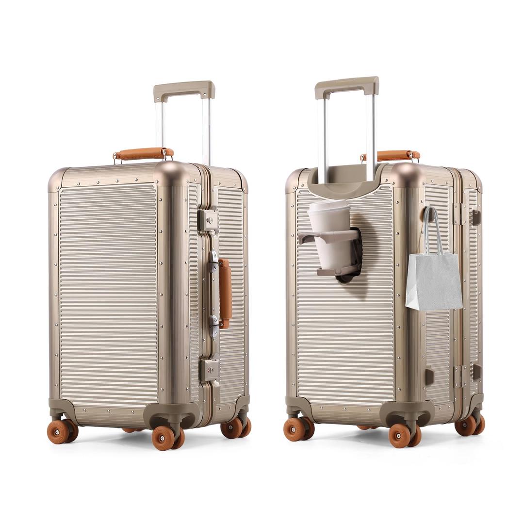 ASYSUIT 20Inch Carry on Luggage with Wheels, Gold Zipperless Hard Shell Suitcases with Leather handle, Aluminum+PC Airline Approved Carry on Luggage with Cup Holder, Hook, TSA Lock