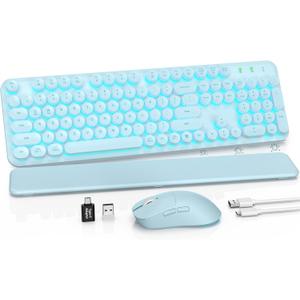 Wireless Keyboard and Mouse Combo, Backlit Round Keycaps, Retro Typewriter Keyboard with Detachable Wrist Rest, Rechargeable & Tilt Legs, 2.4GHz Cordless Connection for Windows/PC (Glowing Blue)