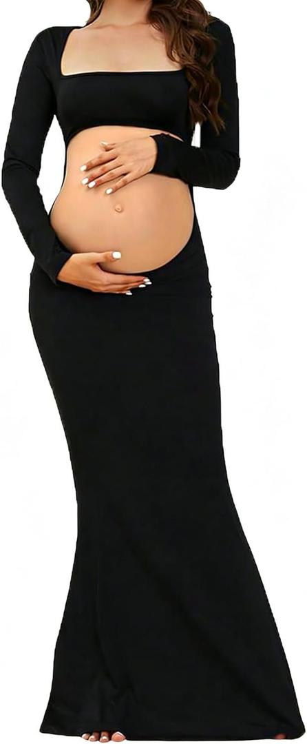 COSYOU Backless Maternity Dress for Photoshoot High Stretch Long Sleeve Open Belly Maternity Maxi Gown for Photography, XL