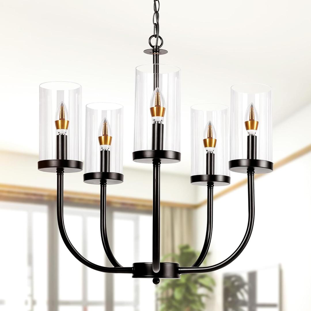 5-Light Black Chandelier, Large Modern Chandelier, Farmhouse Dining Room Light Fixture, Hang Lighting Fixture Industrial Modern Chandelier For Bedroom, Dining Room, Kitchen, Hallway, Foyer, & Entryway