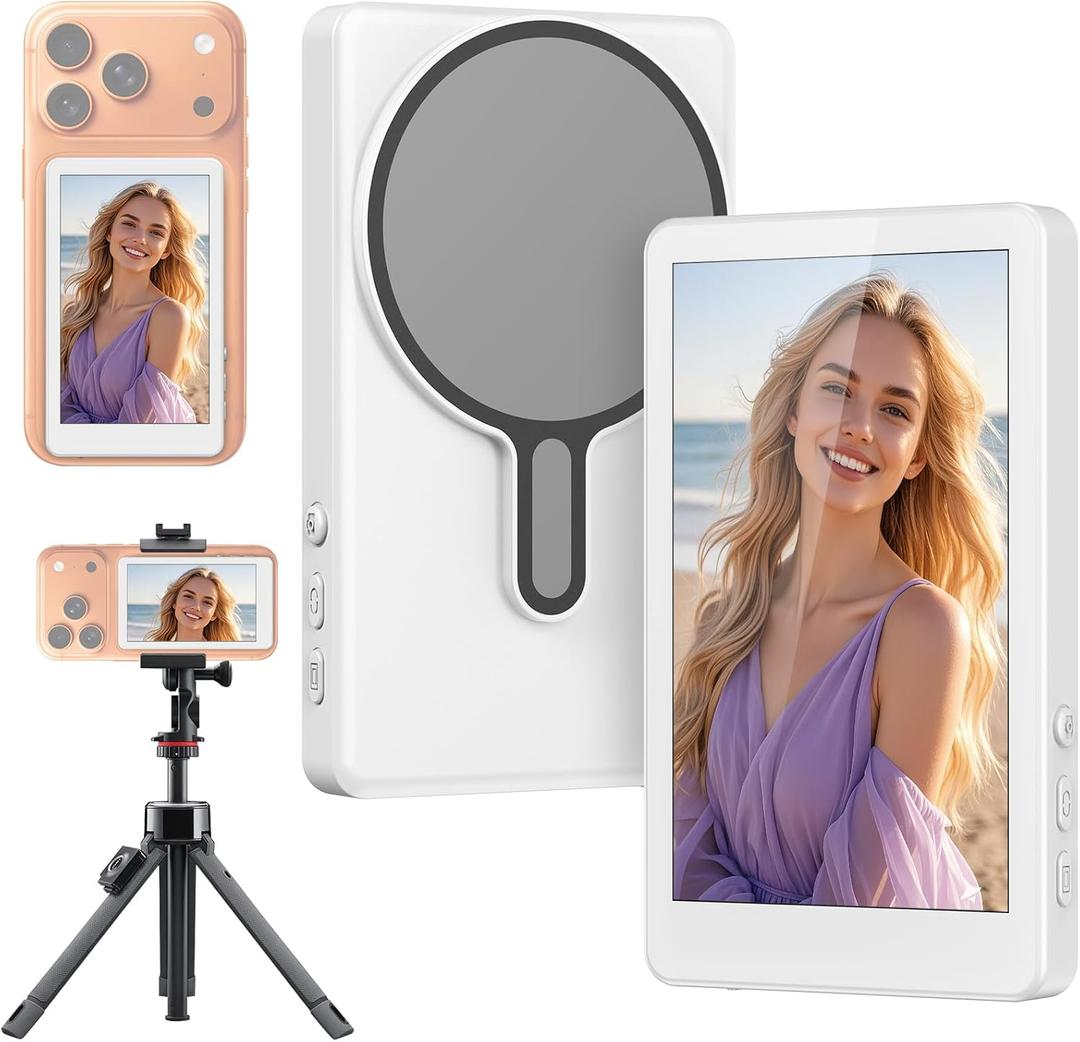 Selfie Monitor Screen Phone- Magnetic Phone Vlog Back Camera Selfie Monitor - 4k 30fps Display can Wirelessly Connect to Mobile Phones - Selfie Screen Compatible with iPhone & Android