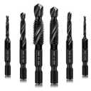 6 Packs Combination Drill & Taps Bit Set, Screw Tapping in SAE Size 6-32nc 8-32nc 10-32nc 10-24nc 12-24nc 1/4-20nc with Anti-Rust Black Coating, 1/4 Hex Shank and Storage Case