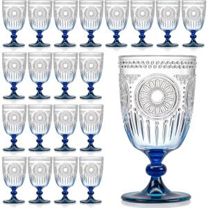 XUWAIDSGN 24Pcs Plastic Vintage Wine Glasses 13.5oz Reusable Embossed Goblet Glasses Blue Gradient Retro Wine Glassware Unbreakable Stemmed Champagne Water Cups for Wine Cocktail Juice Wedding, 3.5"x 6.3"