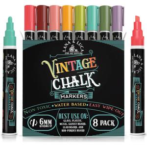 LANA & LUCA Liquid Chalk Markers - Wet Erase Marker Pens - for Chalkboards Signs, Windows, Blackboard, Glass - 6mm Reversible Tip (8 Pack) - Vintage Colors Multicolor