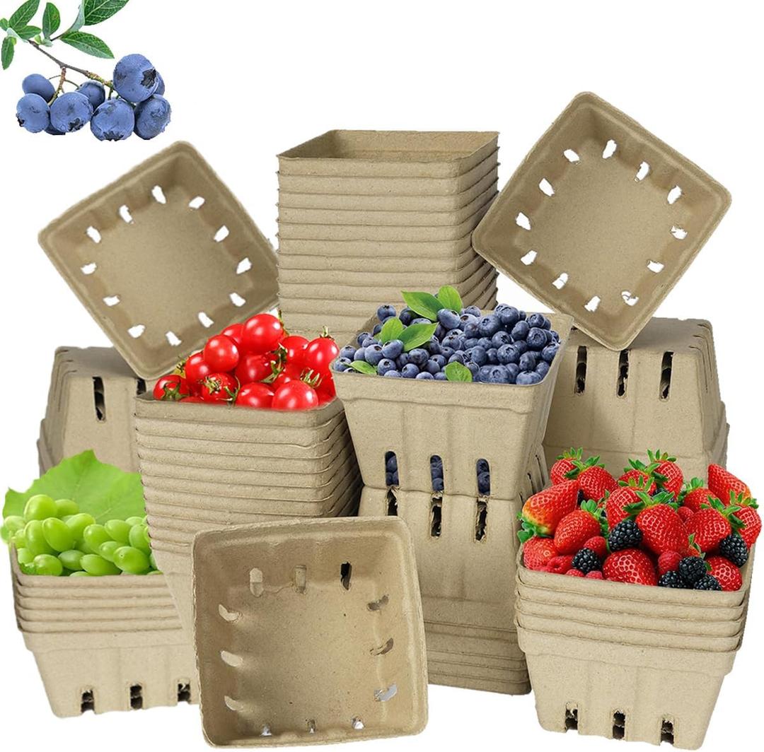 60 Pack Small Natural Pulp Fiber Berry Baskets Eco-Friendly Vented Produce Containers for Strawberries, Blueberries, Raspberries, Fruits and Vegetables, Ideal for Grocery, Market, and Kitchen Use