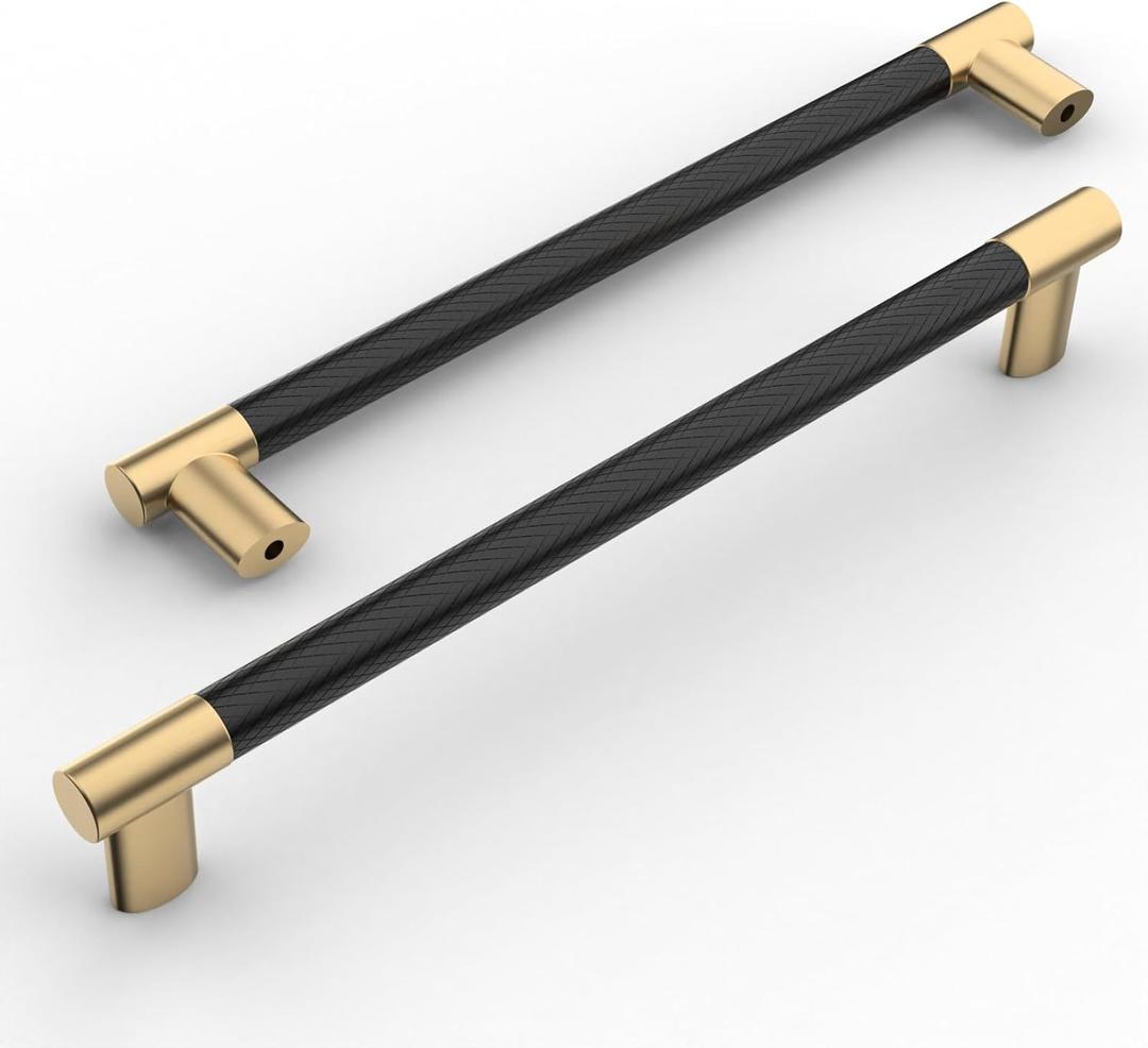 Amerdeco 10 Pack Matte Black and Gold Knurled Cabinet Pulls 10 Inch Hole Center Kitchen Cabinet Handles for Drawer Cupboard and Wardrobe ZH0038