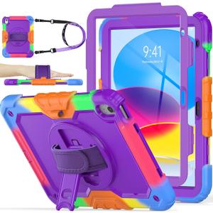 SEYMAC stock Case for iPad (A16) 11th/10th Generation 11''/10.9'' 2025/2022, Full-Body Drop Protection Case with Screen Protector &360 Rotate Hand Strap/Stand, Purple+Colorful