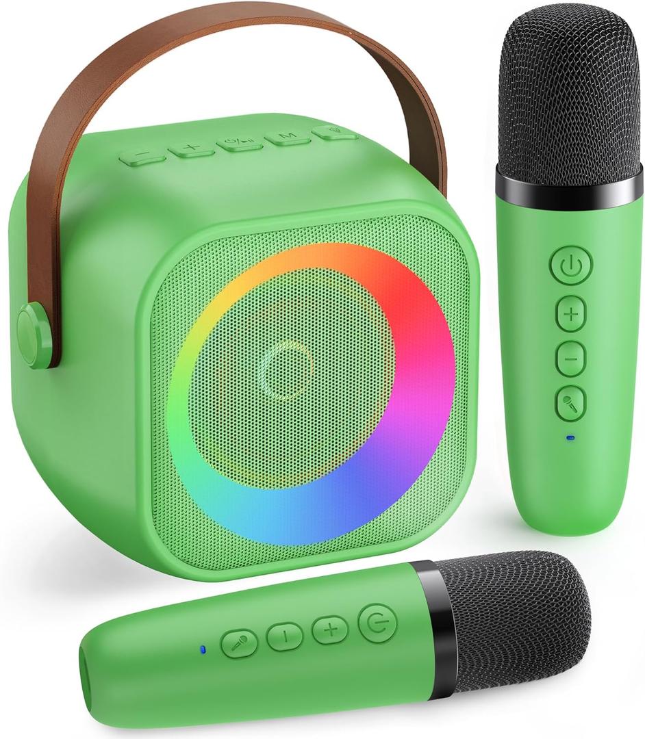 Mini Karaoke MachinePortable Bluetooth Karaoke Microphone, Singing Speaker with 2 Wireless Mic and Light Kids Adults, Christmas Birthday Gifts for Girls Boys Family Home Party(Green)