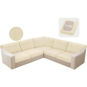 HDCAXKJ Waterproof Sectional Couch Cushion Covers 11 Pieces Stretch Jacquard L Shaped Corner Sofa Slipcover Back Cover Soft Sofa Seat Cushion Covers for Dogs Pet (5 Seater and 6 Backrest, Beige)