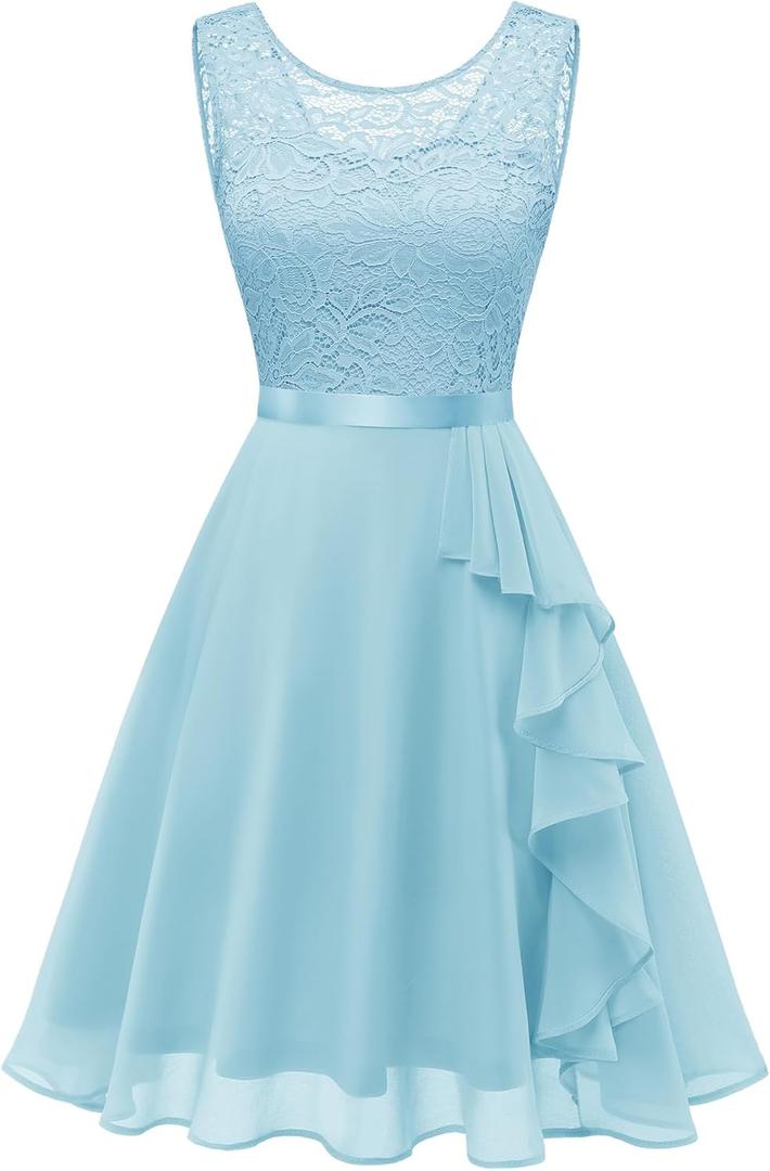 BeryLove Women's Cocktail Dresses Prom Wedding Guest Short Bridesmaid Dresses Ruffle Hem Sleeveless Lace Formal Dress (X-Large, Light Blue)