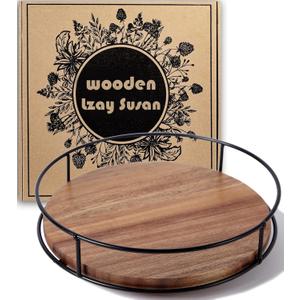 9" Acacia Wood Lazy Susan Turntable, Tomoaza Kitchen Organizer Turntable with Steel Sides, 360 Degree Lazy Susan for Countertop Cabinet or Dining Table