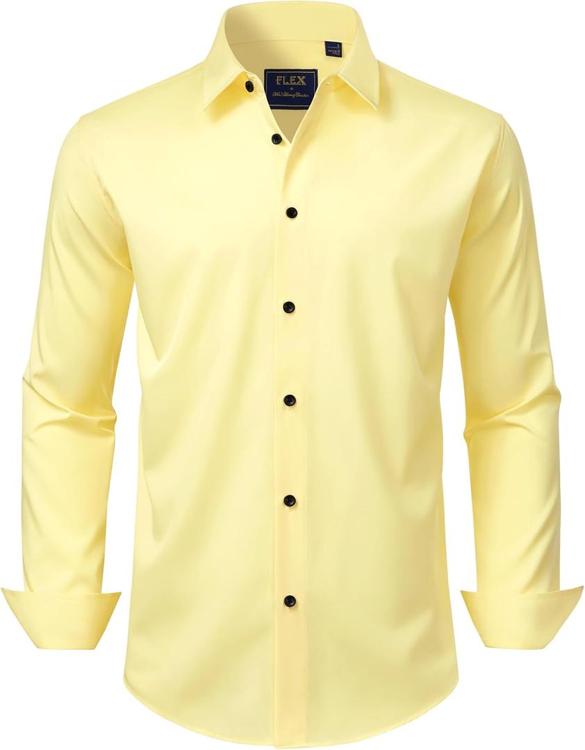 J.VER Men's Dress Shirts Stretch Long Sleeve Formal Shirt Solid Business Casual Button Down Shirts for Wedding Prom (Medium, Light Yellow)