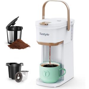 Tastyle Single Serve One Cup Coffee Maker, for K Cups and Grounds, Mini Coffee Maker with Portable Handle, 6 to 12 Oz Brew Size, for Travel, Camping, Office, RV and Dorm, 120V, White and Brown