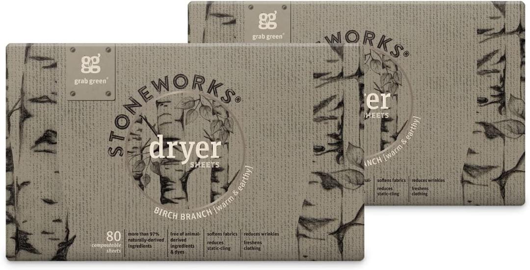 2 x Grab Green Stoneworks Cruelty-Free Dryer Sheets | Softens Fabrics, Freshens Clothing & Reduces Static-Cling and Wrinkles | Plant Based | Birch Branch Scent (160 Sheets)