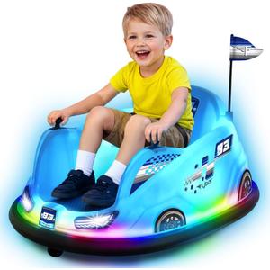 Flybar 12V Glow Bumper Car Ride On Toy - Indoor/Outdoor Toys, Toddler Toys, Bumper Cars, Kids Electric Car, w/ 360 Spins, Multi-Color LED Lights, Max Weight of 100lbs, Age 4-9yrs, Blue, Medium